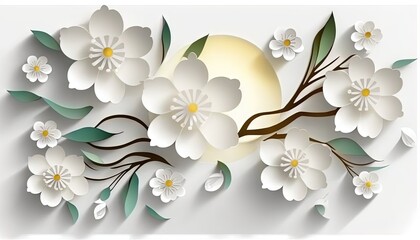  a paper art of flowers and a bird on a branch with leaves and a half moon in the background with a shadow of the paper art.  generative ai