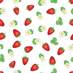 Seamless pattern with strawberries, berries and flowers. Sweet food repeat fabric background. organic fruits