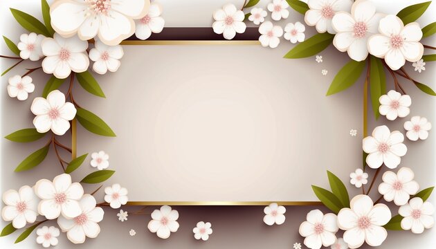  a floral frame with white flowers and green leaves on a white background with a gold border for text or a place for a text or a picture.  generative ai