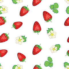 Seamless pattern with strawberries, berries and flowers. Sweet food repeat fabric background. organic fruits