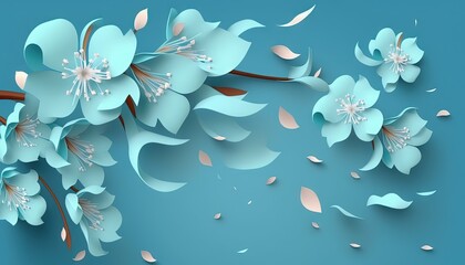  a blue flower on a blue background with leaves and petals flying around the petals and petals are falling off of the petals and the petals.  generative ai
