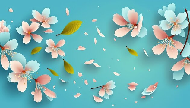  a blue background with pink and white flowers and leaves on the bottom of the image is a blue background with pink and white flowers and leaves on the bottom of the.  generative ai