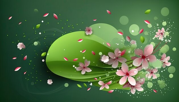  a green background with pink flowers and green leaves on the bottom of the image is a green leaf with pink flowers and green leaves on the bottom of the image is a.  generative ai