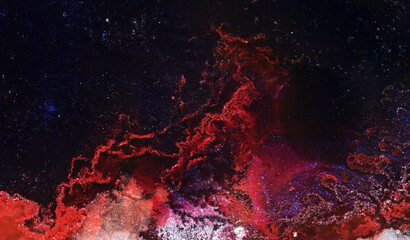 Luxury abstract background, liquid art. Blue red mix alcohol ink with golden paint blots, Earth water surface, marble texture