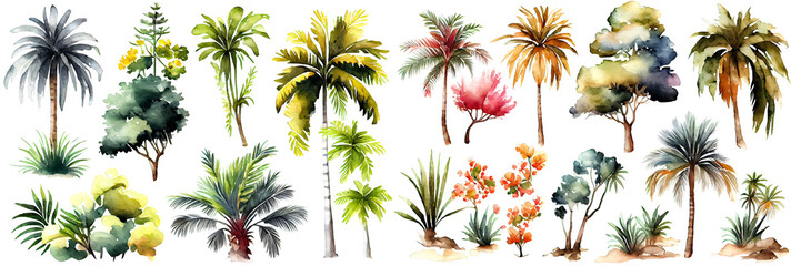 Watercolor tropical trees set. Palm tree in green color isolated on white background. Vintage coconut and banana trees. Floral tropical jungle. Generative Ai.