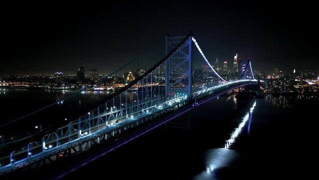 Benjamin Franklin Bridge and Skyline of Philadelphia at night - aerial view - drone photography