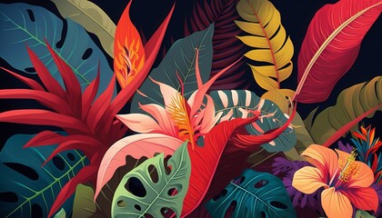 Tropical Leaves and Flowers. AI generative. 