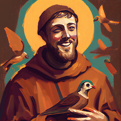 St Saint Francis of Assisi art painting illustration with birds. Generative Ai. - obrazy, fototapety, plakaty