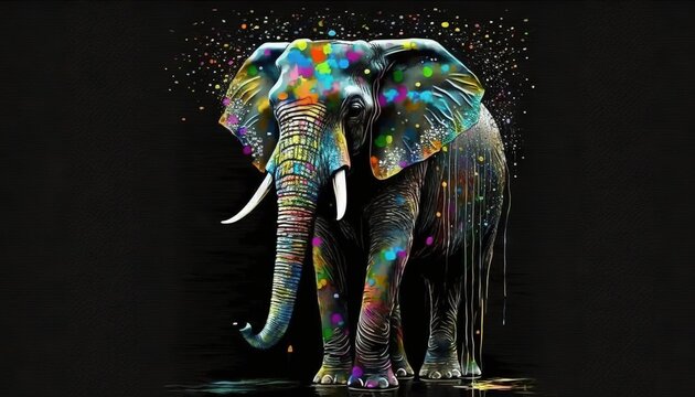  an elephant with colorful paint splatters all over it's face and trunk, standing in a dark room with a black background.  generative ai