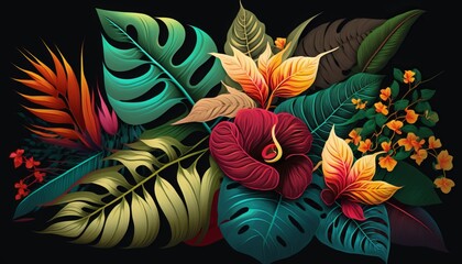 Tropical Leaves and Flowers. AI generative. 