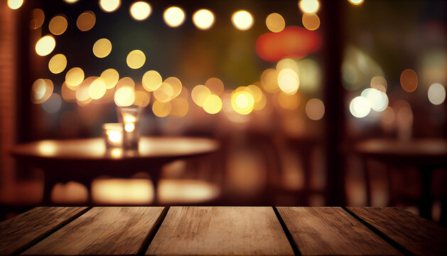 Image of wooden table in front of abstract blurred background of restaurant lights. Generative Ai. Beer Glass.