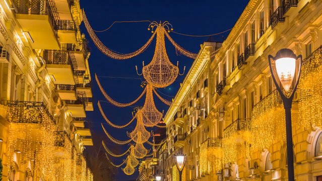Beautiful chandeliers on Nizami street in Baku city evening time