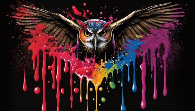  an owl with a colorful paint drips on it's face and wings is standing in front of a black background with multicolored drops of paint.  generative ai