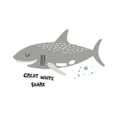 Great white shark. Hand drawn vector cartoon illustration for kids. Amusing Sea Animal
