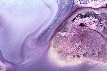 Luxury sparkling abstract background, liquid art. Violet lilac contrast paint mix, alcohol ink blots, marble texture. Modern print pattern