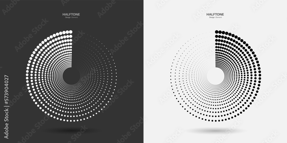 Poster circles of dotted halftones with a shadow on a black white background. abstract design element. the 