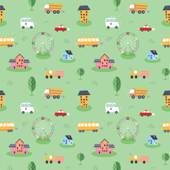 Seamless pattern with hand drawn cartoon car, hous, bus, trees, traffic light, ferris wheel. Perfect for kids fabric,textile,nursery wallpaper. Vector illustration. EPS 10