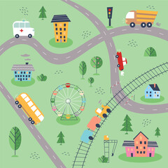 Kids City map with roads and transport. Hand drawn cars, trucks, buses, houses and roads. Vector illustration isolated on green background. EPS 10