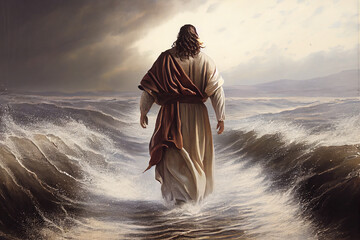 Jesus Christ walking on water on the sea of Galilee. Generative Ai..