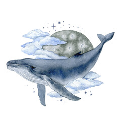 Watercolor fairy tale illustration of a blue whale with a background of moon, stars and clouds. Design template of greeting card, poster