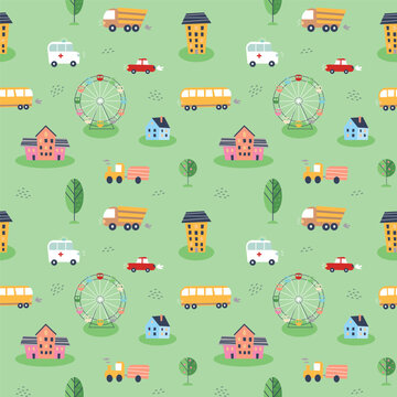 Seamless pattern with hand drawn cartoon car, hous, bus, trees, traffic light, ferris wheel. Perfect for kids fabric,textile,nursery wallpaper. Vector illustration. EPS 10