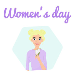 Greeting card for the International Women's Day. A cute girl with blonde hair is holding a bouquet of tulips in her hands. vector