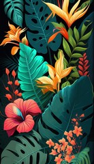 Tropical Leaves and Flowers. AI generative. 