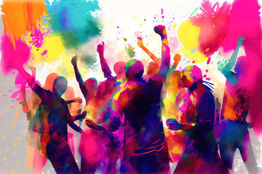 People celebrating the Holi festival with colorful powder - watercolor technique, generative ai