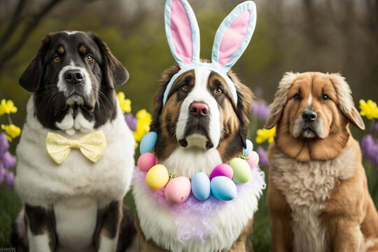 Cute doggs in an Easter Bunny Ears Costume, Generative AI