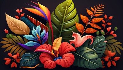Tropical Leaves and Flowers. AI generative. 