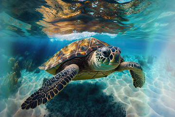 Sea turtle in crystal clear water. Amazing crystalline seabed. Reef full of life. Generative AI