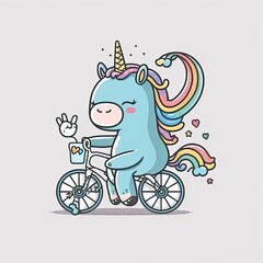 Pretty unicorn riding a bike on blue background. Generative AI