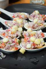 Choritos a la chalaca Sea food ceviche Assorted food plates Peru traditional comfort food buffet table