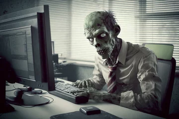 Fotobehang Zombie businessman working in an office. Generative Ai.   © belyaaa