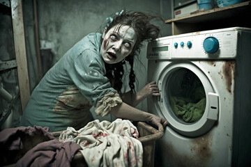 Obraz na płótnie Canvas Zombie woman doing laundry. Motherhood concept. Generative AI. 