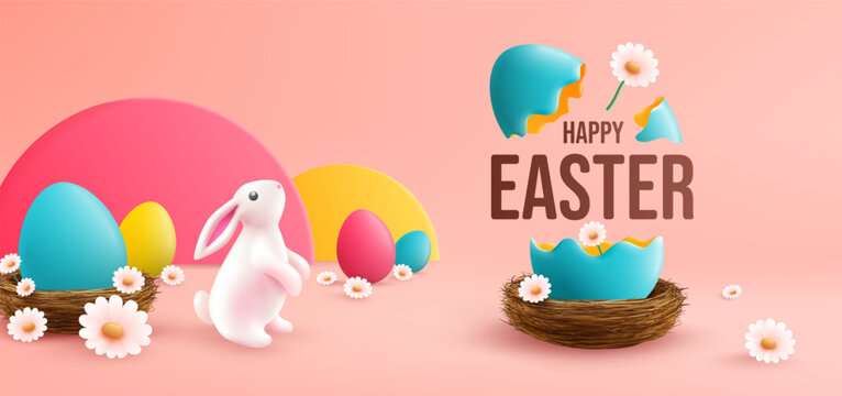 Easter poster and banner template with Colorful Easter eggs in the nest and Cute Bunny on light pink background.Greetings and presents for Easter Day.Promotion and shopping template for Easter