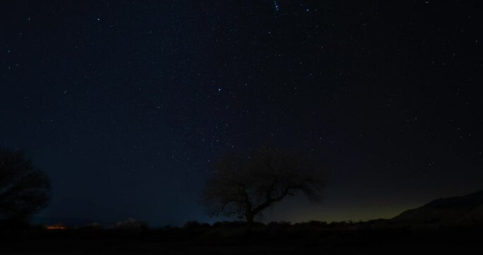 Timelapse of stars moving through the Eastern Sky at night. High quality 4k footage showing stars and airplane traffic with glow in the west from Los Angeles