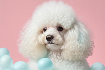 White cute poodle in pom poms on pastel pink background .Photorealistic shot generated by AI