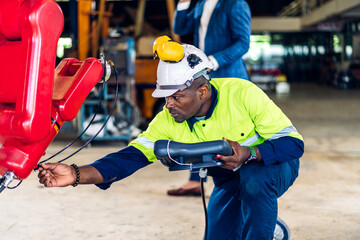 Professional machanic engineer technician worker industrial african man wearing safety uniform working control robot with heavy machine in manufacturing factory production robot line.business industry