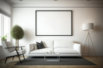 Blank poster frame mock up in a modern living room interior with sofa, plant, table and window