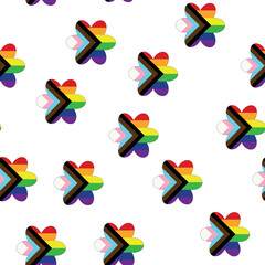 Seamless pattern with new lgbt flag, hearts, text, flower and flag. Gay pride. Pride Month. Love, lgbtq