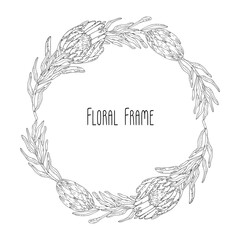Hand drawn floral frame with flowers King Protea, branch and leaves. Elegant logo template.