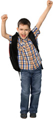 Smiling Little Boy with Arms Raised and Backpack, Isolated on Transparent Background