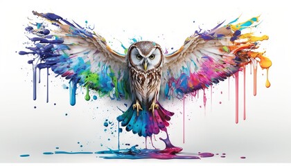  an owl with colorful paint splattered all over it's wings and wings spread out, with its wings spread wide open and wings spread wide.  generative ai