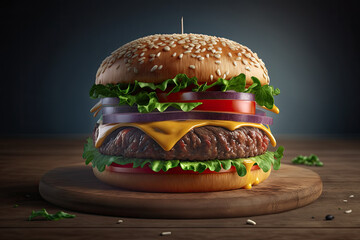 Delicious burger with tomato, lettuce and cheese. Generative AI