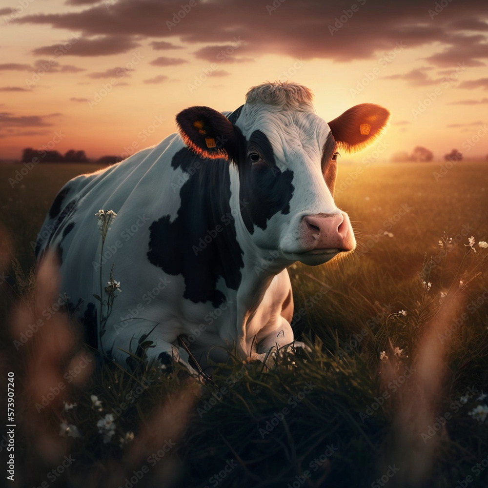 Sticker Cows on the grass at sunset