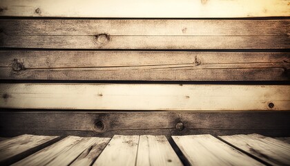  a close up of a wooden floor with planks and a wall in the background with light coming in from the top of the planks.  generative ai