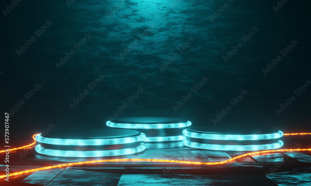 Aufkleber abstract scene podium illuminated with neon light. mock up, 3d rendering