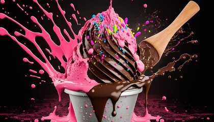  a scoop of chocolate ice cream with pink and green sprinkles and a wooden scoop of chocolate ice cream with pink and green sprinkles.  generative ai