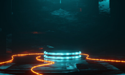 Abstract scene podium illuminated with neon light. Mock up, 3D Rendering